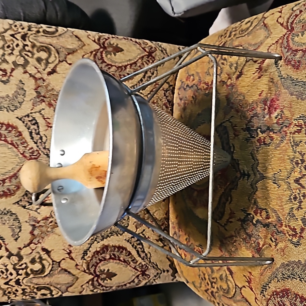 Vintage Strainer Cone Sieve Wood Pestle Tripod Stand Metal
